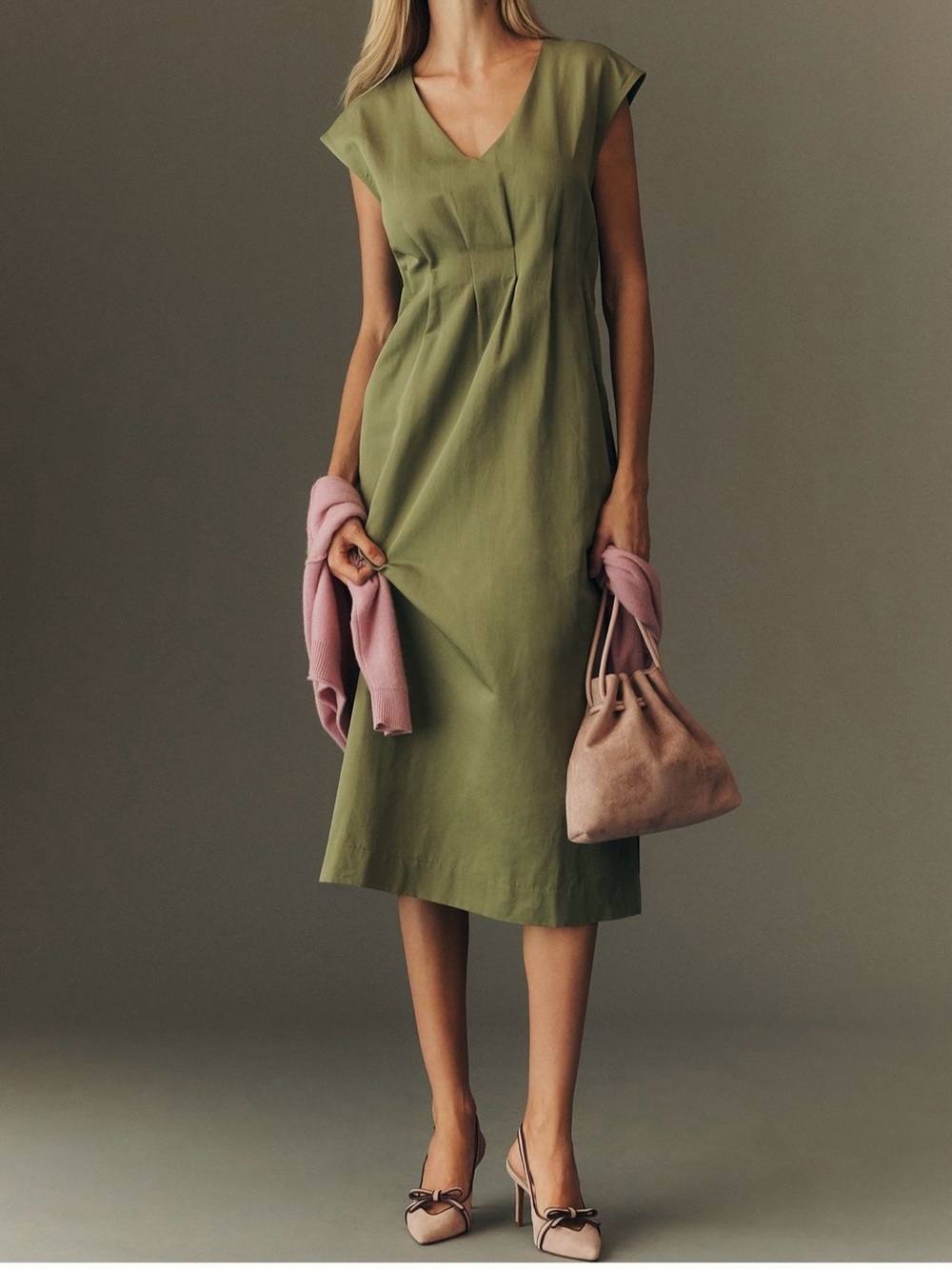 Anthropologie Olive V-Neck Cap Sleeve Midi Dress - Women